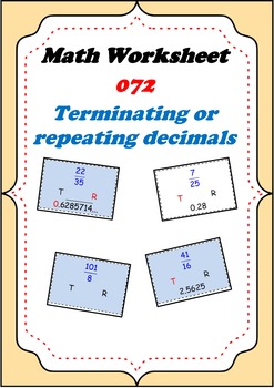 Preview of Math Worksheet 0072 - Terminating decimals or repeating decimals