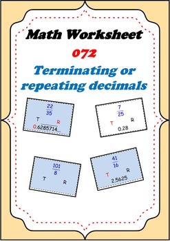 Math Worksheet 0072 - Terminating decimals or repeating decimals by