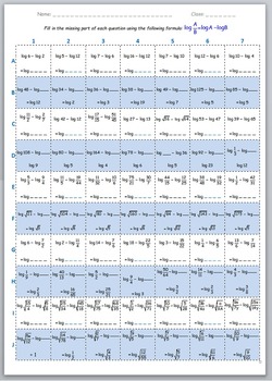 Preview of Math Worksheet 012 - Log (A / B) = Log A - Log B