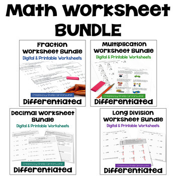 Preview of Math Worksheet Bundle with Decimals, Fractions, Long Division, & Multiplication