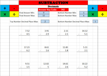 Preview of Math Worksheet Creator - Subtraction (Decimals)