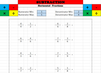 Preview of Math Worksheet Creator - Subtraction (Fractions)