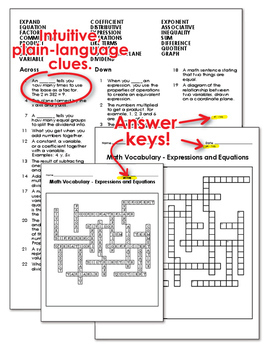 Math Worksheets - 7th Grade Math Vocabulary Crossword Puzzles | TpT