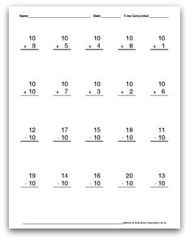 math worksheets addition subtraction separated 10 20