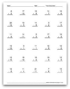 math worksheets addition subtraction alternating 1 12 30 per page