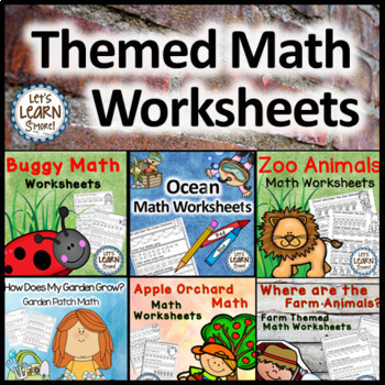 Preview of Math Worksheets Bundle, Ocean, Bugs, Apples, Farm, Garden & Zoo Themed Math