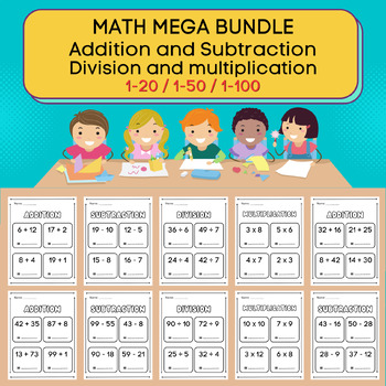 Preview of Math Worksheets For All Levels 1-20, 1-50, 1-100. Practice Pages Mega Bundle.
