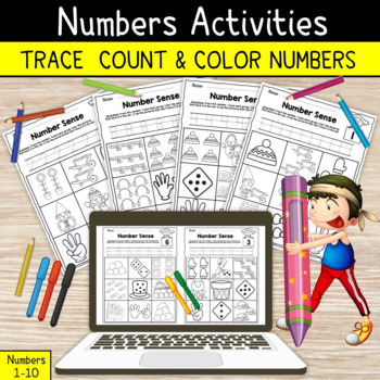 Preview of Preschool Math Worksheets | Numbers Activities, Trace Count & Color Numbers