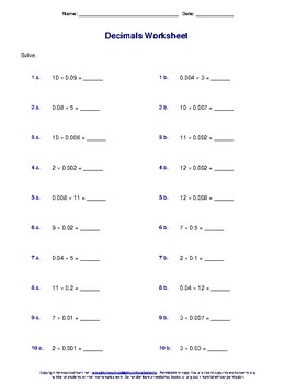 Math Worksheets for Grade 6 Decimal Multiplication Mental multiplication