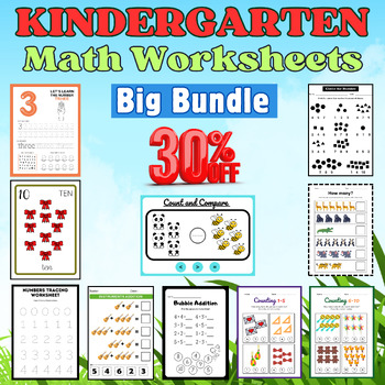 Preview of Math Worksheets for Kindergarten and Pre-K . Big Bundle