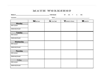 Preview of Math Workshop Weekly Planner