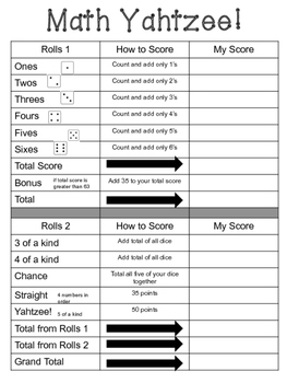 yahtzee score sheet teaching resources teachers pay teachers