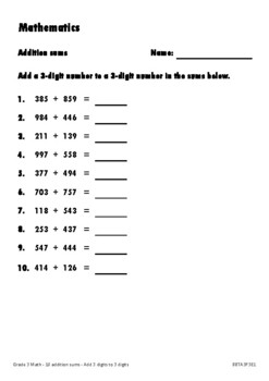 Preview of Math- add 3-digits to 3-digits BBTA3P3E1 - 10 sums 