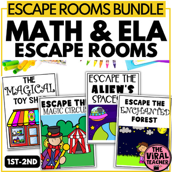 Preview of Math and ELA Escape Rooms Games for 1st and 2nd Grade Bundle