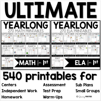Preview of 1st Grade Monthly Math & Reading Printables Yearlong Bundle Plus Bonus
