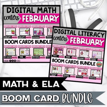 Preview of Math and Literacy Centers Boom Cards Bundle February