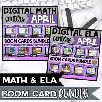 Preview of Math and Literacy Centers Spring Boom Cards Bundle April