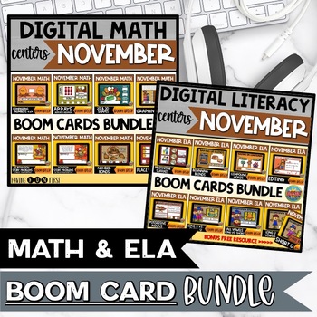 Preview of Math and Literacy Centers Fall Boom Cards Bundle November