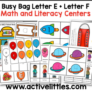 Preview of Math and Literacy Centers Letter E + Letter F Busy Bag Preschool Pre-K