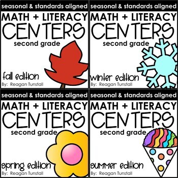 Preview of Math and Literacy Centers Seasonal Bundle Second Grade