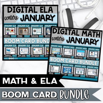 Preview of Math and Literacy Centers Winter Boom Cards Bundle January