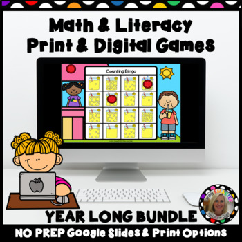 Preview of Math and Literacy Print AND Digital Games for Google Slides Year Long Bundle