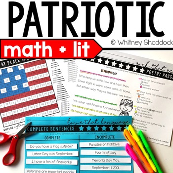 Preview of Patriotic Memorial Day Activities for Math & Literacy - Worksheets for Centers