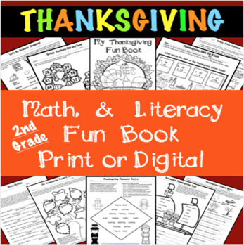 Preview of Math and Literacy Thanksgiving Fun Book for 2nd Grade:  Print and Digital