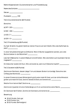 Preview of Math class test grade 4 elementary school (in German)