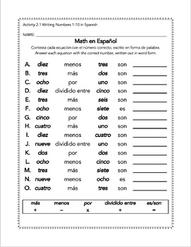 Preview of Math en Español (Numbers 1-10 & 0-20)