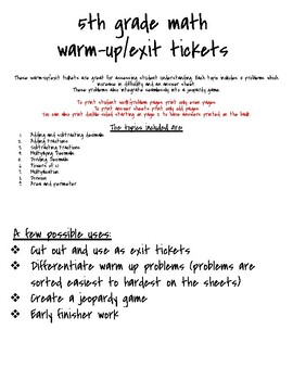 Preview of Math exit tickets/warm ups (5th grade)