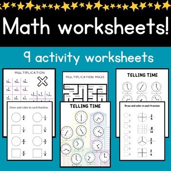 Preview of Math: fractions, multiplication & telling time worksheets!