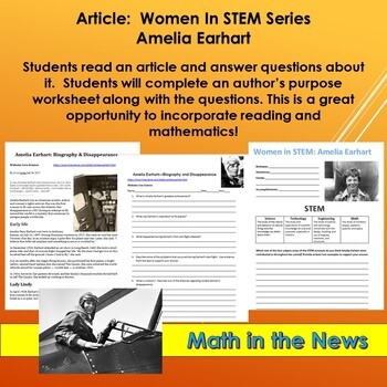 Preview of Math in the News: WOMEN IN STEM SERIES--Amelia Earhart--Sub Plans/No Prep