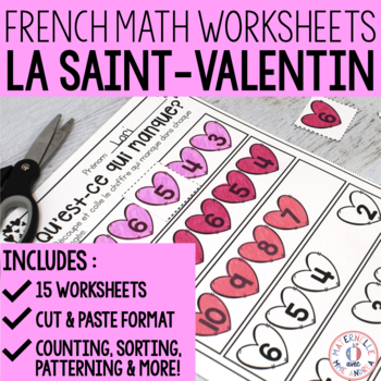 Preview of FRENCH Valentine's Day No Prep Math Worksheets - Cut & Paste (La Saint-Valentin)