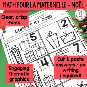 FRENCH Christmas No Prep Math Worksheets (Noël) - Cut & Paste (maternelle)