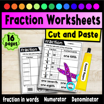 Preview of Math practice in cut and paste fractions grade 1-2