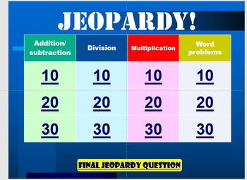 Preview of Math review (decimals, X, divide, word problems, add/subtract) Jeopardy