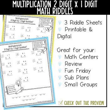 Multiplication 2 digit x 1 digit Math with Riddles by Misty Miller