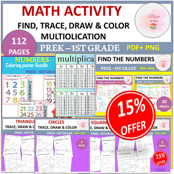 Preview of Math worksheet: find and coloring the numbers, Multiptication & 2D shapes Bundle
