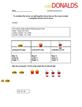 Preview of MathDonalds: Combining Like Terms with Fast Food