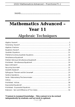 Preview of Mathematics Advanced Algebraic Techniques Booklet - Year 11 - Preliminary