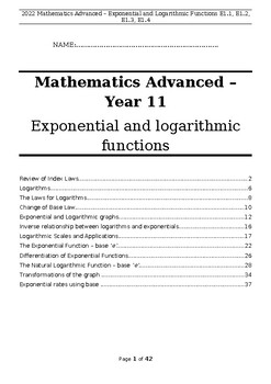 Preview of Mathematics Advanced Exponential & Logarithms Booklet - Year 11 - Preliminary