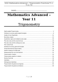 Preview of Mathematics Advanced Trigonometry Booklet - Year 11 - Preliminary