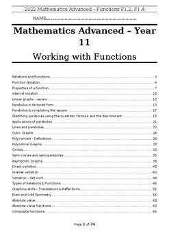 Preview of Mathematics Advanced Working with Functions Booklet - Year 11 - Preliminary