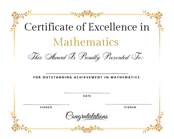 Preview of Mathematics Excellence Certificate Achievement Award Any Age Grade Level Math