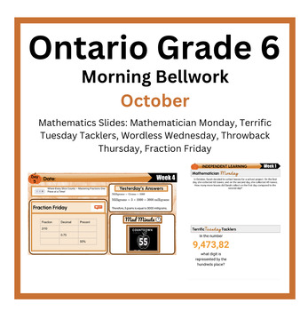Preview of Mathematics: October Bellwork: Ontario Grage 6
