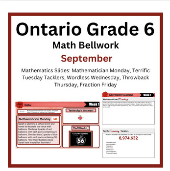 Preview of Mathematics: September Bellwork: Ontario Grage 6
