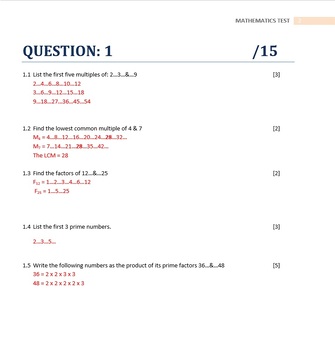 Preview of Mathematics Test for Grade 8/9 - Simplifying Algebraic expressions