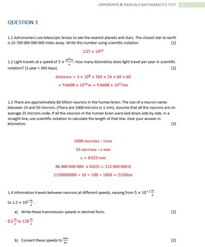 Preview of Mathematics Test on Exponents & Radicals Grade 9/10