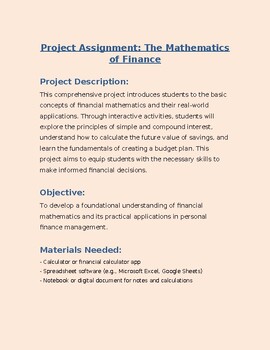 Preview of Mathematics of Finance Project